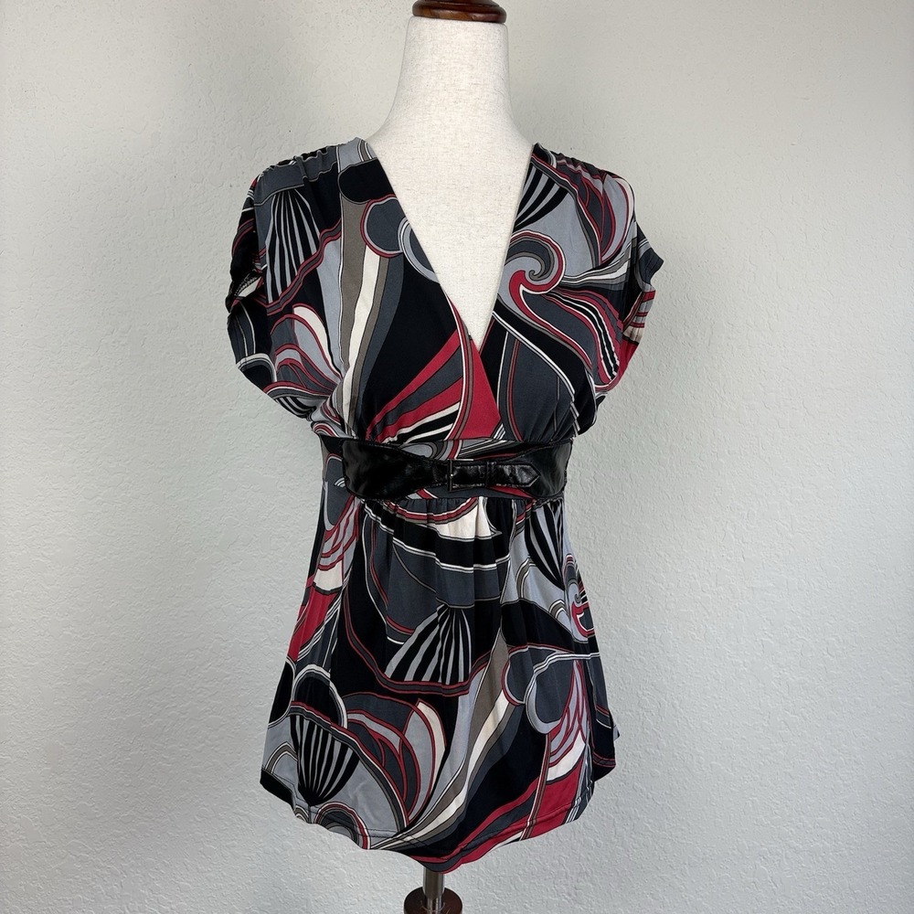 Y2k Babydoll Blouse Size M Buckle Abstract Print Geometric 2000s Preppy Top